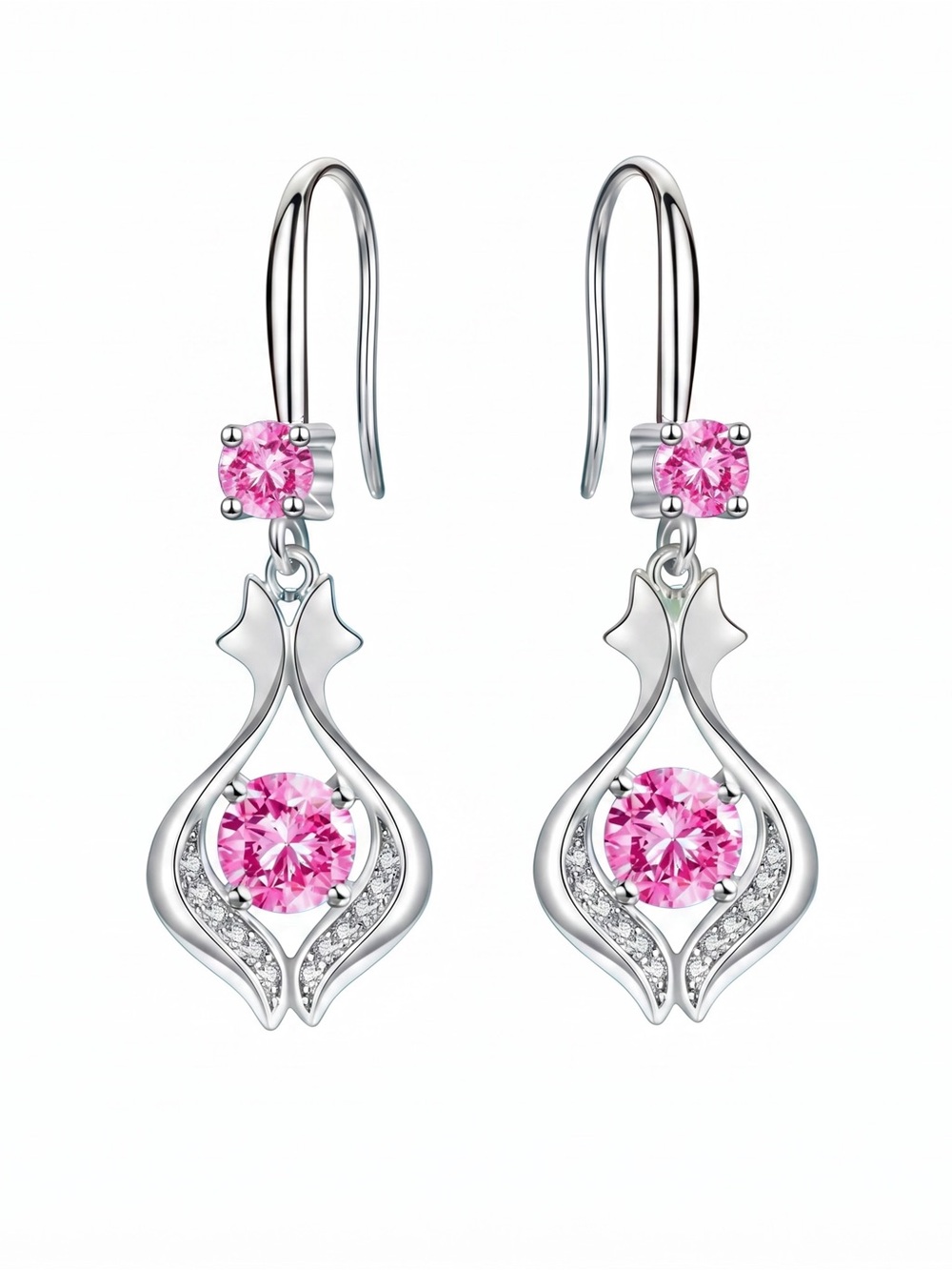 🩶Elegant Silver-Tone Pink Crystal Drop Earrings/NIP🩶 - Picture 2 of 2